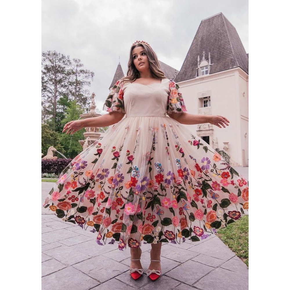 JessaKae Cream Midi Dress with Multicolor Floral Embroidery
